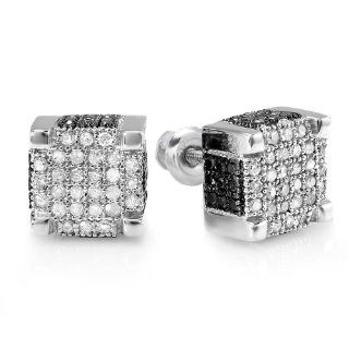 1.00 Carat (ctw) Sterling Silver Mens Round Black & White Diamond Micro Pave Ice Cube Hip Hop Stud Earrings 1 CT: Jewelry