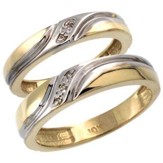 10k Gold 2 Pc His (5mm) & Hers (4mm) Diamond Wedding Ring Band Set w/ 0.032 Carat Brilliant Cut Diamonds (Ladies' Sizes 5 to 10; Men's Sizes 8 to 14): Jewelry