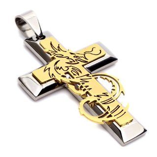 K Mega Jewelry Stainless Steel Gold & Silver Colour Dragon Cross Mens Pendant Necklace: Jewelry