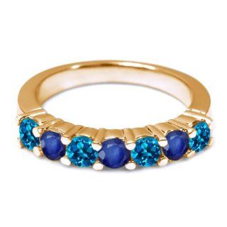 1.52 Ct Round London Blue Topaz Blue Sapphire 14K Yellow Gold Wedding Band Ring: Jewelry