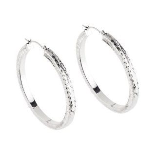 14kt White Gold Diamond Cut Stripe Design Large Round Hoop Earrings: Jewelry