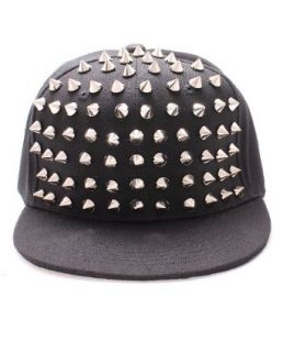 AN1225   Silver Spiked Studded Snapback Cap (Black): Clothing