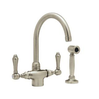 Rohl A1676LMWSSTN 2 Country Kitchen Single Hole Faucet with Metal Levers Sidespray and C Spout, Satin Nickel   Touch On Kitchen Sink Faucets  