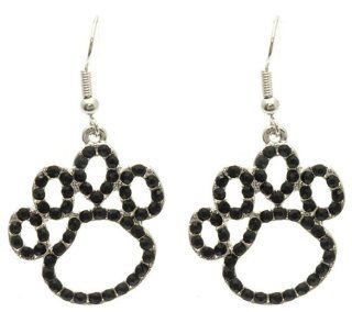 Gorgeous Puppy Dog Animal Paw Print Outline 1" Charmswith Jet Black Crystals Earrings Silver Tone Jewelry