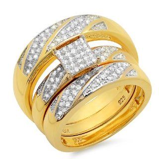 0.36 Carat (ctw) 18K Yellow Gold Plated Sterling Silver Round White Diamond Men & Womens Micro Pave Engagement Ring Trio Bridal Set 1/3 Set Jewelry