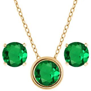 3.00 Ct Round Green Nano Emerald 14K Yellow Gold Pendant Earrings Set 18" Jewelry