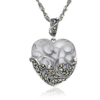 Sterling Silver Marcasite and Clear Glass Heart Pendant Necklace, 18": Jewelry