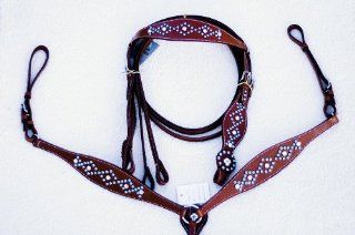 Genuine Leather Brown Cowhide Blue Studded with Blue & Silver Conchos Bridle/Headstall, Breastcollar and Reins Set Horse Tack : Other Products : Everything Else