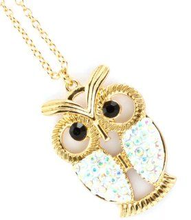 Accessory Accomplice Goldtone Aurora Borealis Crystal Studded Owl Necklace Jewelry