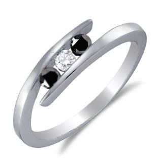 .925 Sterling Silver Plated in White Gold Rhodium White and Black Diamond Cross Over Engagement OR Fashion Right Hand Ring Band   3 Three Stone Center Setting Shape w/ Channel Set Round Diamonds   (1/4 cttw): Sonia Jewels: Jewelry