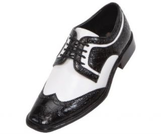 Bolano Mens Two Tone Faux Crocodile Print and Smooth Black and White Oxford Dress Shoe: Style Dylan Black 473: Shoes