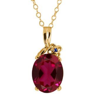 3.37 Ct Oval Red Created Ruby Blue Sapphire 14K Yellow Gold Pendant: Jewelry