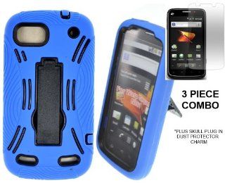 ZTE WARP SEQUENT N861 BLUE ON BLACK HYBRID KICKSTAND CASE + 2 FRONT SCREEN PROTECTORS + SKULL DUST PROTECTOR PLUG IN CHARM: Cell Phones & Accessories