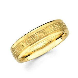 Solid 14k Yellow Gold Womens Mens Greek Design Satin Wedding Ring Band 6MM Size 11: Jewelry