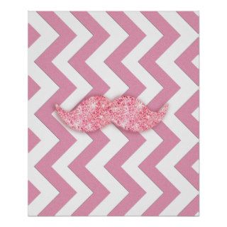 Funny Glitter Mustache, Girly Pink chevron pattern Print