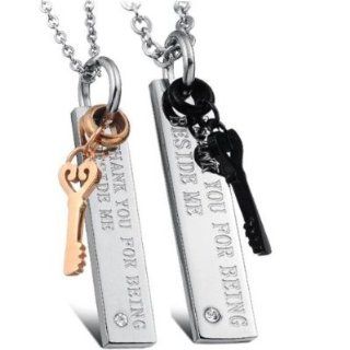 Stainless Steel Black And Gold Tone "Thank you for being beside me" Key Couples Pendant Necklace Set: Jewelry