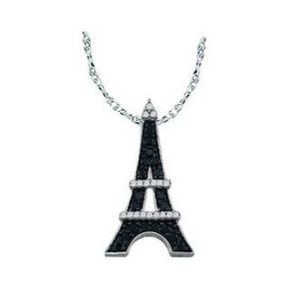 10k White Gold Black Colored & Natural Pave set Round Womens Ladies Eiffel Tower French France Fashion Pendant with 18" Chain   .33 (1/3) Ct.t.w.: Pendant Necklaces: Jewelry