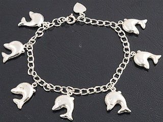Dolphin Charm Sterling Silver Bracelet   14mm Charm, 7'' Bracelet Length Link Charm Bracelets Jewelry