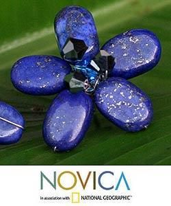 'Blue Flower' Lapis Lazuli Button Earrings (Thailand) Novica Earrings