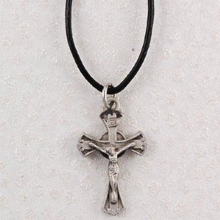 Hand Engraved New England Pewter Crucifix Cross Medal on a 18" Black Leather Cord.: Jewelry