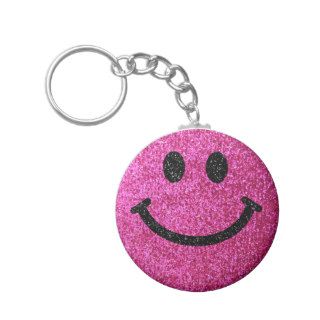 Hot pink faux glitter smiley face keychain