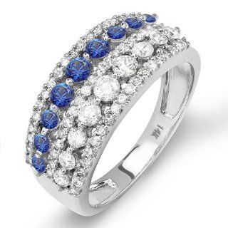 1.15 Carat (ctw) 14k White Gold Round Blue Sapphire And White Diamond Ladies Anniversary Wedding Band Ring: Jewelry