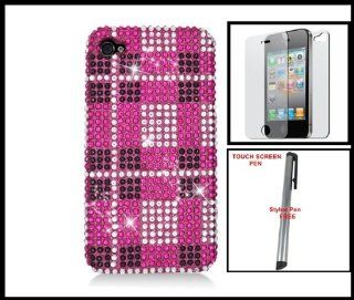 For iPhone 4G 4S Full Diamond Cover Case Hot Pink White Pattern + Front & Back Clear Screen Protector + One FREE Silver Touch Screen Stylus Pen: Cell Phones & Accessories