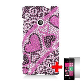 Nokia Lumia 521 (T Mobile) 2 Piece Snap on Rhinestone/Diamond/Bling Case Cover, Pink/Black Hearts Silver Swirls + LCD Clear Screen Saver Protector Cell Phones & Accessories