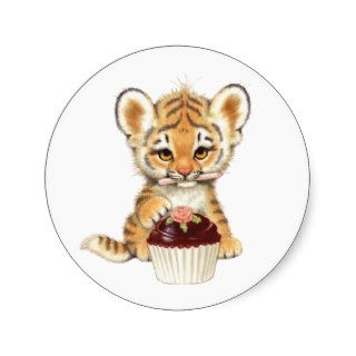 Happy Birthday   Cute Tiger with Cupcake Round Sticker