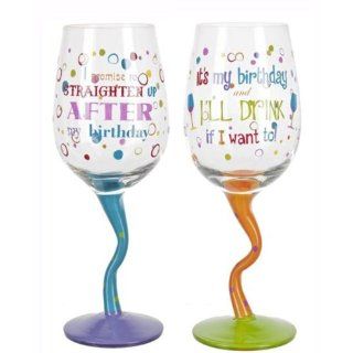 Happy Birthday Wine Glass with Curvy Stem   Choose Message: Kitchen & Dining