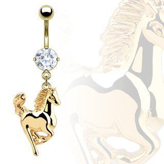 Gold Plated Belly Ring Cubic Zirconia/Horse Dangle   14G   3/8" Length   Sold Individually: Curved Belly Button Piercing Barbells: Jewelry