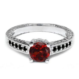 1.17 Ct Round Red Garnet Black Diamond 18K White Gold Engagement Ring: Jewelry