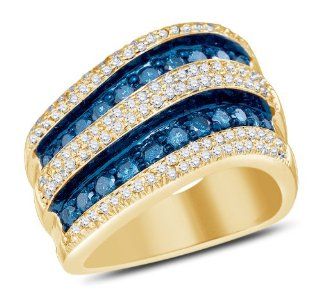 10K Yellow Gold Prong Set Round Brilliant Cut Blue and White Diamond Ladies Womens Fashion, Wedding Ring OR Anniversary Band (1.27 cttw.): Jewelry