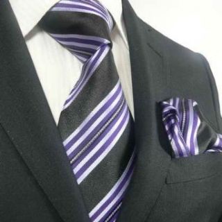 Landisun 43K Black Purple Stripes Mens Silk Tie Set: Tie+Hanky &Plastic Hook at  Mens Clothing store