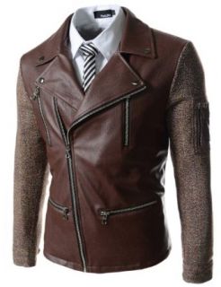(NDJ09) TheLees Slim Fit Leather Patched Rider Style Jacket BROWN Large(US Small) at  Mens Clothing store