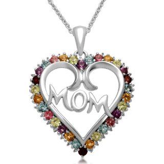 Sterling Silver Multi Stone and Diamond Heart Pendant Necklace, 18": Jewelry