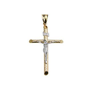 14K Yellow & White Gold 50mm(H) x 30mm(W) mm Religious Crucifix Jesus Cross Charm Pendant: The World Jewelry Center: Jewelry