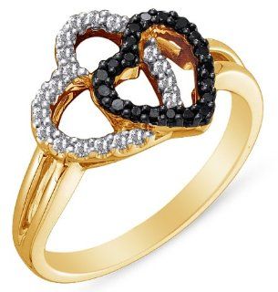 14K Yellow and White Two 2 Tone Gold Channel Set Heart Round Brilliant Cut Black and White Diamond Ladies Womens Fashion, Wedding Ring OR Anniversary Band (1/4 cttw.): Jewelry