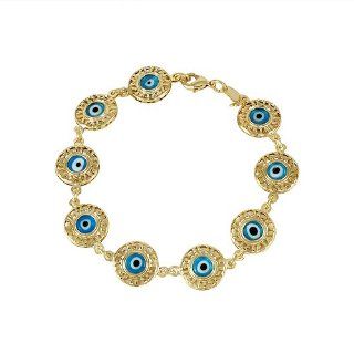 Yellow Gold Layered Evil Eye Charm Amulet Filigree Circle Men Women Teen Bracelet 7": Jewelry