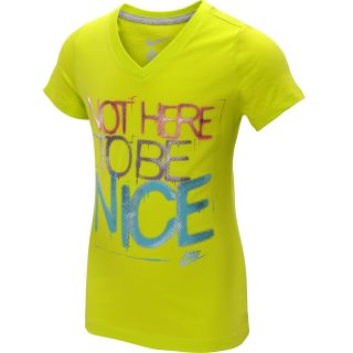 NIKE Girls Not Here To Be Nice V Neck Short Sleeve T Shirt   Size XS/Extra