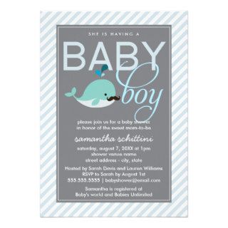 Modern Blue Baby Shower Boy Little Whale Mustache Custom Announcements