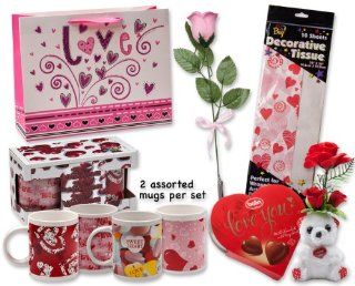 Valentine Gift Set; Complete with Gift Bag, Tissue Paper, Pink Rose, "I Love You" Mini Bear, 2 Valentine Mugs & Balin "I Love You" Milk Chocolate! : Grocery & Gourmet Food