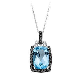 Blue Topaz and Black Diamond Fashion Pendant in 10K White Gold Jewelry