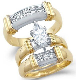 Size  4   Solid 14k 2 Tone Gold Marquise CZ Engagement Wedding His and Hers Trio Three Piece Ring Set 1.5 ct: Jewelry