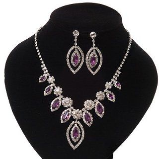 Purple/Clear Swarovski Crystal 'Leaf' Necklace And Drop Earring Set In Silver Plated Metal: Jewelry