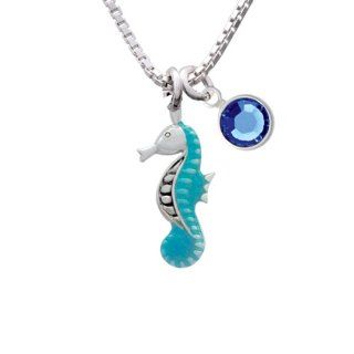 Hot Blue Seahorse   Charm Necklace with Sapphire Crystal Drop: Pendant Necklaces: Jewelry