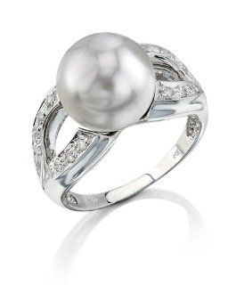 10mm White South Sea Cultured Pearl & Diamond Princess Ring in 18K Gold Jewelry