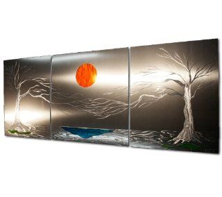 Trees, Lake, Sun Wall Sculpture 'Lavish Coast'   48x20 in.   3 Panel Extra Large Aluminum Landscape Artwork   Metal Art Decor   Abstract Nature Decor  