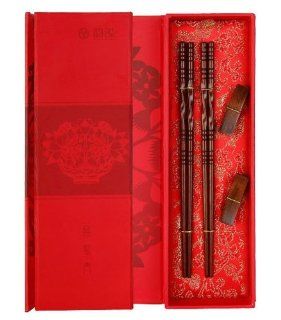 2 Pairs Rosewood Hinge Shape Chinese Chopsticks Chopsticks Rest with Gift Box: Kitchen & Dining