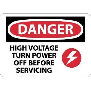 NMC D555RB OSHA Sign, Legend "DANGER   HIGH VOLTAGE TURN POWER OFF BEFORE SERVICING" with Electrical2 Graphic, 14" Length x 10" Height, Rigid Plastic, Black/Red on White Industrial Warning Signs